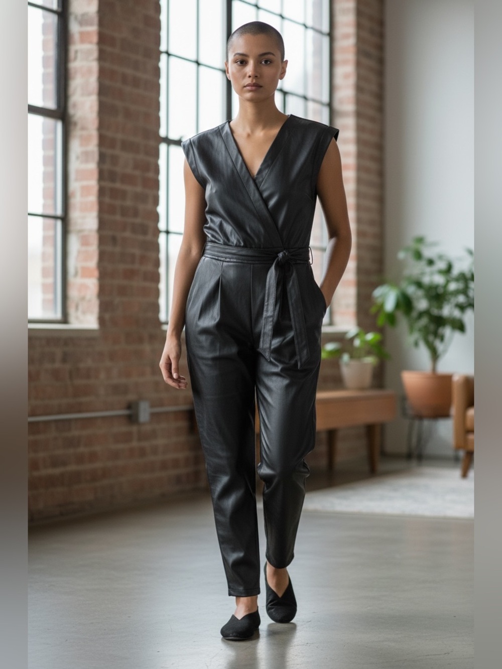 INC faux leather jumpsuit, size large, not difficult to put on, zip fly